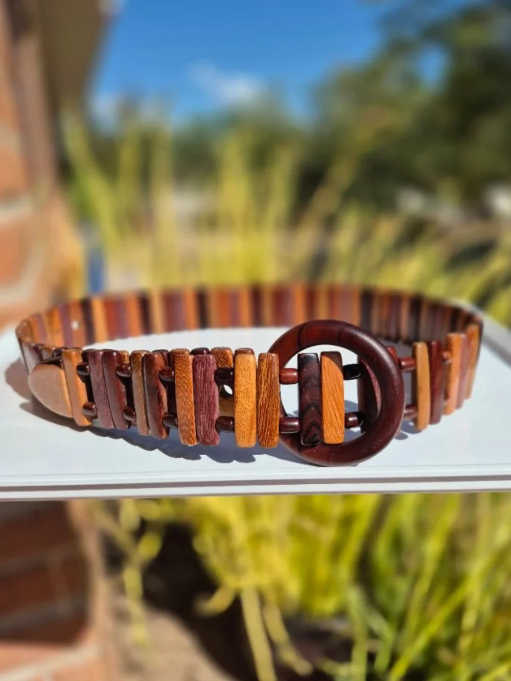 Vintage Boho Multi-Wood Slat & Bead Articulated Link Belt Round Wood Buckle